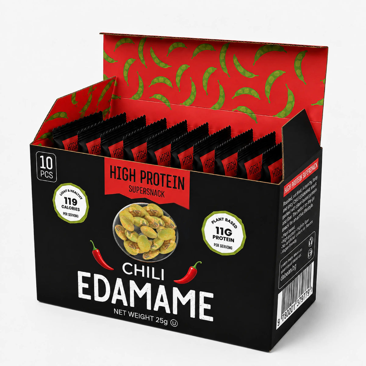 DABEAN pečené edamame Chili – krabica s 10 balíčkami